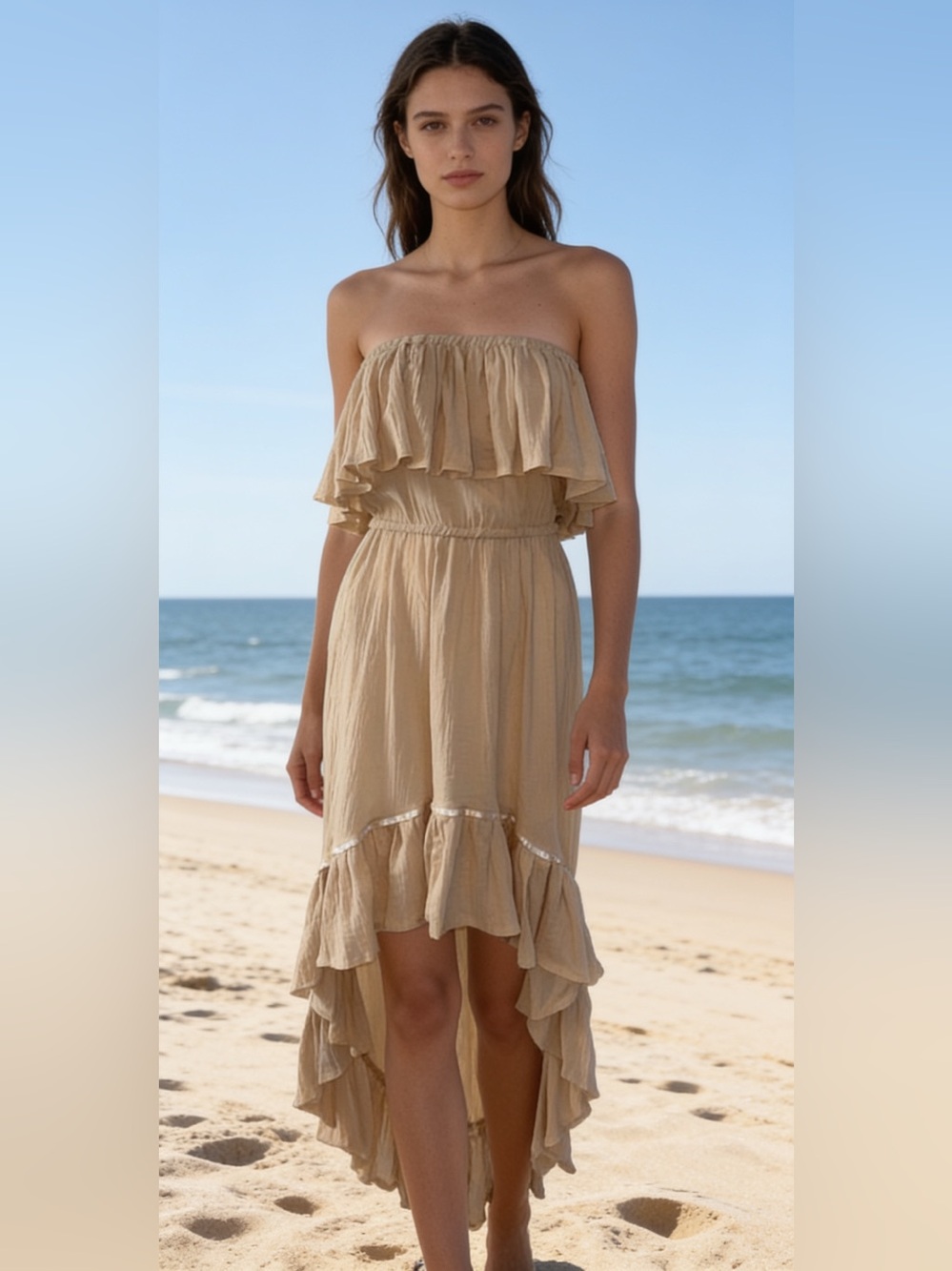 JEN’S PIRATE BOOTY *Goddess* tan natural boho strapless cotton hi low dress OS